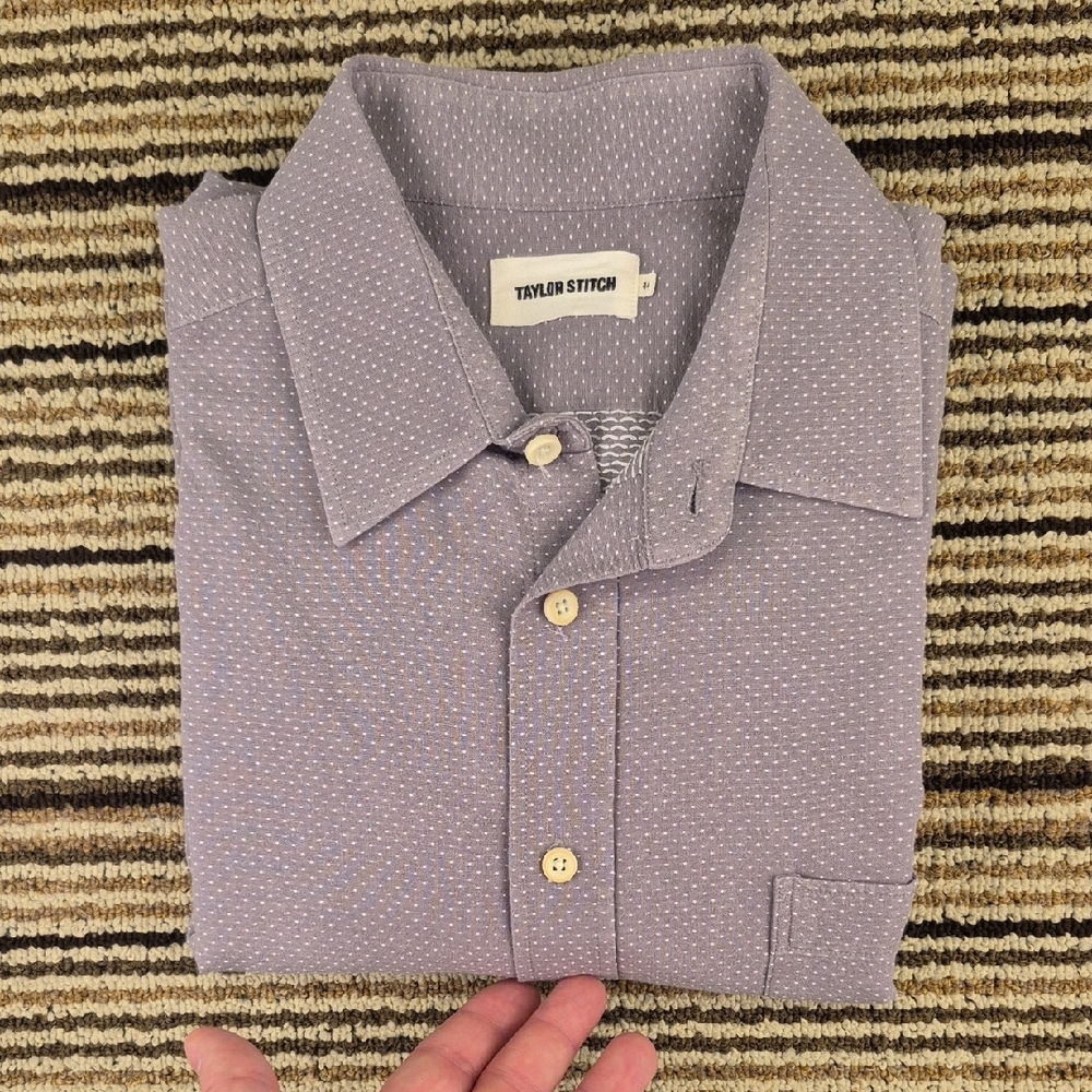 TAYLOR STITCH Grey White Dots Organic Cotton Mens Sz 44 XL Long Sleeve Shirt